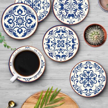 Drink Coasters 6-Piece Set, Geometric Tribal Boho Blue Red Absorbent Round Ceramic Stone Mat with Cork Bottom and Metal Holder, Housewarming Gift Bar Decor (Spanish Ceramic)