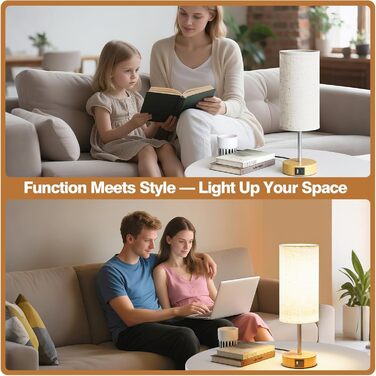 Нічна лампа UPXNBOR з USB-A та USB-C зарядкою, торшер з сенсорним керуванням та 3 рівнями тепла, для спальні та вітальні (E27 лампочка в комплекті), тканинний абажур