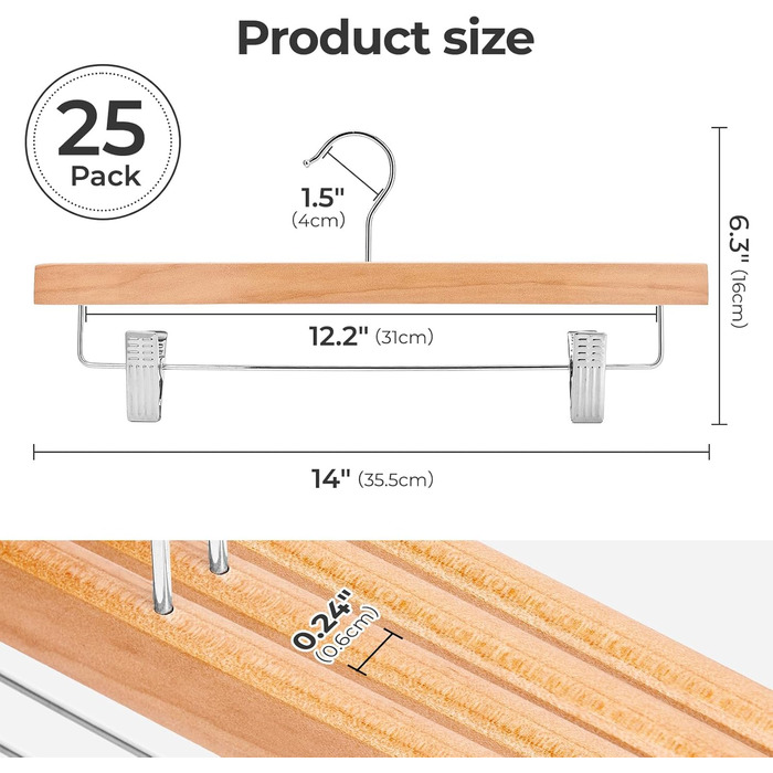 Дерев'яні вішалки для штанів та одягу HOUSE DAY з кліпсами, 25 шт. Білі, поворотні, 35,5 см