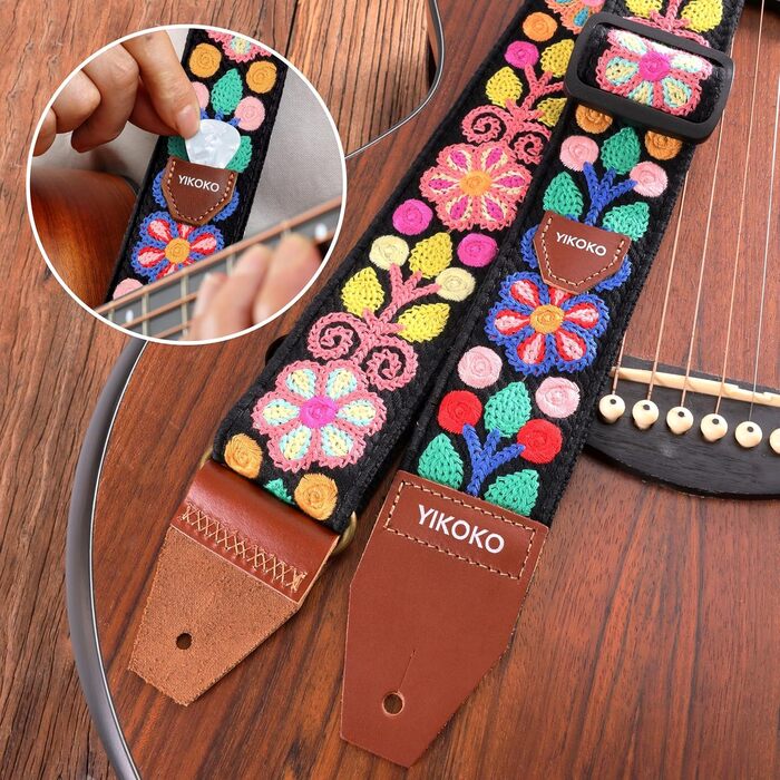 Гітарний ремінь 5,1 см з бавовни з шкіряними кінцями для бас-гітари, електрогітари та акустичної гітари (Кольорова квітка 02)