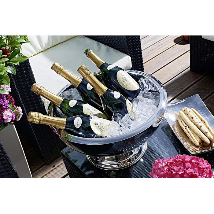 EDZARD Champagne Cooler Cadiz (ø 43 cm, H 24 cm) Stainless steel, highly polished, hammered interior, double-walled, large bowl, suitable as a sparkling wine cooler, bottle cooler, and cooler for up to 5 bottles.
