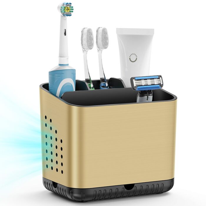 Тримач для зубних щіток електричної та звичайної, дерев'яний, з дренажними отворами, на 4 щітки, для ванної кімнати (Чорне золото, середній)