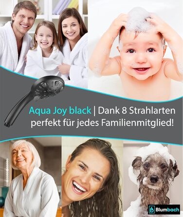 BLUMBACH® Water-Saving Shower Head - High-Pressure Aqua Joy Shower Head - 8 Spray Patterns, Pressure-Boosting Shower Head, Shower Head, Water-Saving Shower Head, High Water Pressure Strong Jet (8L/Min. 8 Spray Patterns / Water-Saving Shower Head Black)