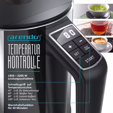 Arendo - Stainless Steel Kettle with Temperature Setting 40-100 Degrees in 5-Degree Increments - Double-Walled Design - Model ELEGANT - 1.5 Liter - 2200 W - Tea Kettle with Temperature Display - GS - Black (C: Silver)