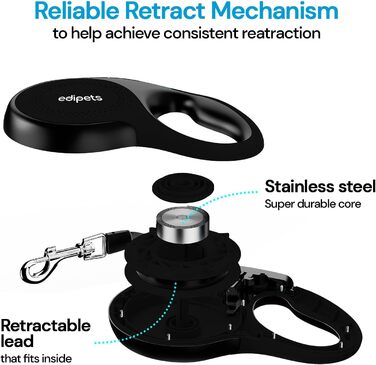 Edipets Розтягувана поводок для собак, 5 м, чорна - для прогулянок та тренувань, підходить для собак маленьких, середніх та великих порід