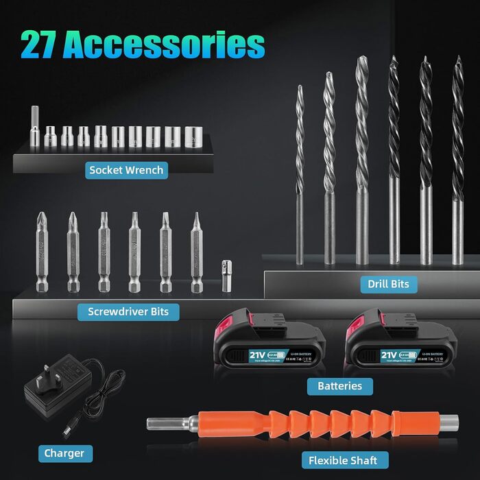 Акумуляторний шуруповерт 21V з акумулятором 2000mAh, 50Nm крутний момент, 25+3 ступені крутного моменту, 2 акумулятори та швидка зарядка, для саду, дому, DIY проектів