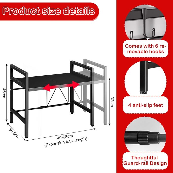 Регульована полиця для мікрохвильової печі UCAMP, розширювана, 2-рівнева, з вуглецевої сталі, для організації кухні, з підставкою для обрізної дошки та 6 гачками (чорна)