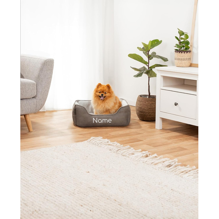 Ліжко для собак Lionto 2-в-1 з комфортним входом, м'яке домашнє ліжко для тварин, яке можна перевернути, для собак та котів, 80x60 см, подушка для собак з легкою у догляді імітацією замші, сіра (Д 60 x Ш 50 x В 22 см (з нанесенням імені), Темно-сірий/Світ