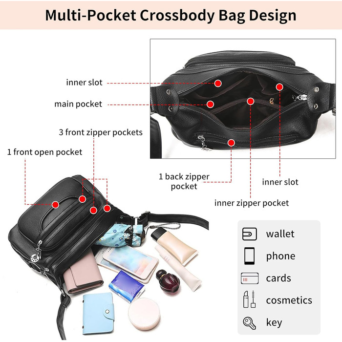 Сумка жіноча через плече NOTAG зі штучної шкіри, чорна: легка сумка-месенджер з декількома кишенями