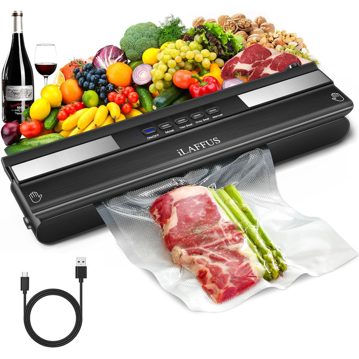 iLAFFUS Бездротовий вакуумний упаковник, портативний, акумуляторний, для приготування су-від з нарізкою, запаювач фольги для сухих та вологих продуктів, в комплекті 5 вакуумних пакетів та шланг