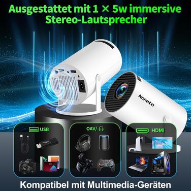 4K проєктор Beamer Full HD 1080P Mini з Wi-Fi 6 та Bluetooth 5.2, Android, портативний, 270° обертання, автоматична корекція трапеції, для PC/HDMI/USB, з мишкою та пультом, білий