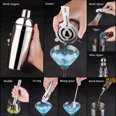 Набір для коктейлів Barkeeper: 15 предметів, нержавіюча сталь, акриловий стенд, професійний барний інвентар для приготування напоїв вдома та барі