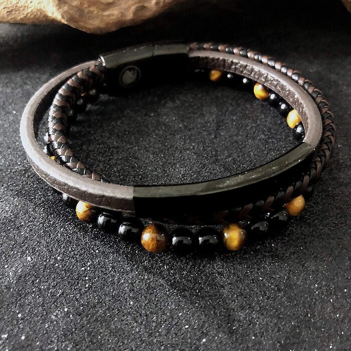 Чоловічий шкіряний браслет Casisto Lederarmband з гравіюванням, плетінка, магнітний замок, коричнево-чорний, 19 см