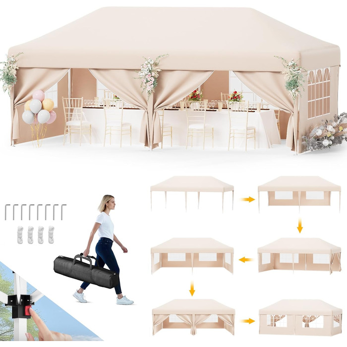 Devoko Gazebo, 2x2 Gazebo Waterproof, Stable, Winter-Proof, 3-Height Adjustable, Folding Gazebo UV Protection 50+, Folding Tent, Folding Canopy, Gazebo with Carry Bag, For Garden Outdoor Camping, (3*6m 6 Side Walls, Beige)