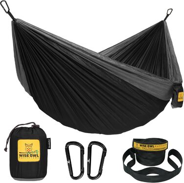 Wise Owl Outfitters Hammock - Outdoor Hammock for 1 Person - Ultralight Travel Hammock - Holds up to 180 kg - Camping Accessories - Includes Hanging Straps and Carabiners (Black and Grey)