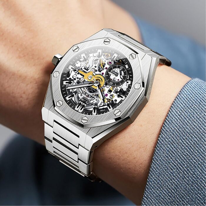 Чоловічий механічний годинник OLEVS Gold Skeleton з автопідзаводом, водонепроникний, зі сталі з діамантовим напиленням та підсвіткою (6669: Сріблясто-чорний)