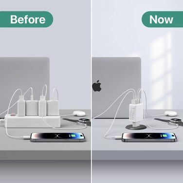 Блок зарядного пристрою USB C 40W з 4 портами, швидка зарядка PD+QC, для iPhone, Samsung, Tablet, білий (сірий)