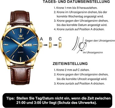 Чоловічий годинник OLEVS з нержавіючої сталі, кварцовий аналоговий годинник, класичний діловий годинник, водостійкий, з підсвічуванням, з датою, на шкіряному ремінці (C2-блакитний циферблат/коричневий ремінь)