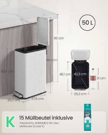 Сміттєвий відер SONGMICS для кухні на 30 л, сталевий педальний смітник з системою Softclose (білий, педаль з вузької сторони)