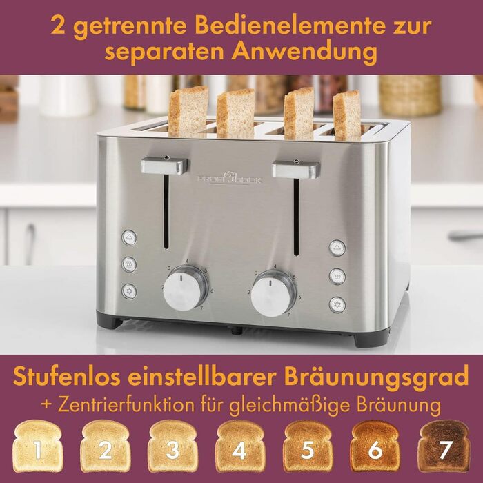 ProfiCook® Toaster | 4-Slice Toaster | Stainless Steel Housing | 1500 Watts | Wide Slot | Bagel Attachment (removable) | 7 Adjustable Browning Levels | Crumb Tray | Cord Retraction | PC-TA 1252 PC-TA 1252 inox