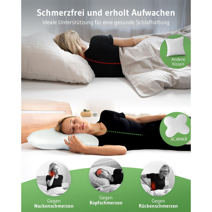 ACAMAR QuickDry Neck Pillow, Orthopedic Side Sleeper Pillow, Visco Head Pillow made of Memory Foam, Quick-Drying & Thermoregulating Cover, Cervical Spine Support Pillow & Anti-Snoring Pillow, Anthracite Thermic QuickDry Cover