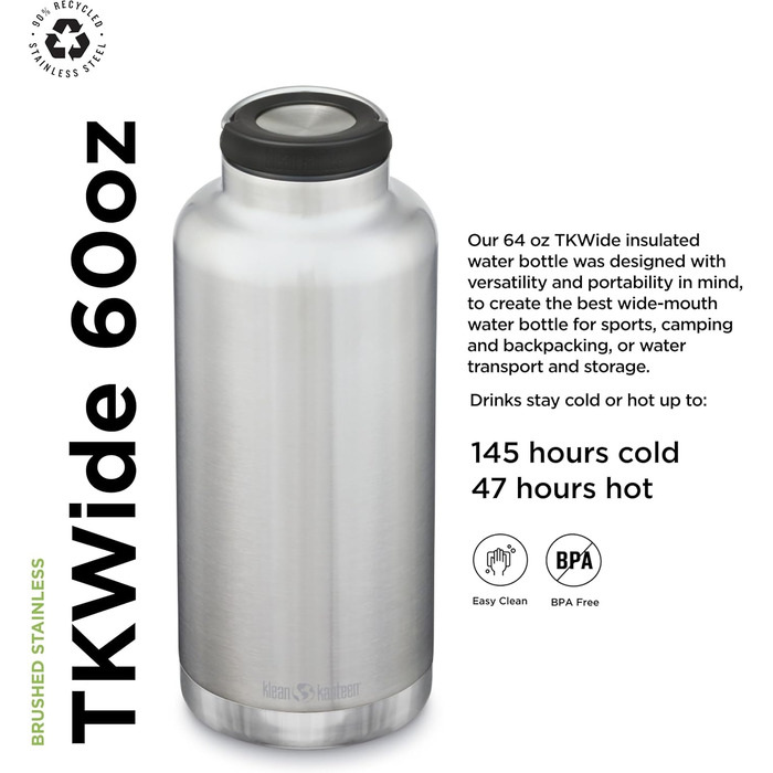 KleanKanteen® TKWide V Drinking Bottle Brushed Stainless Steel, One Size