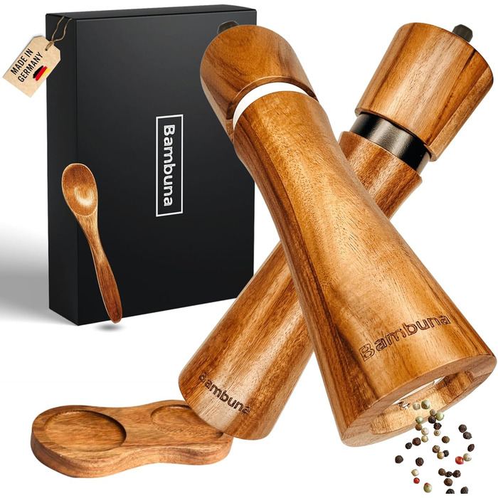 Набір для перцю та солі BAMBUNA з акацієвого дерева - 5 шт. з регульованою керамічною жорна - ручна млинка з підставкою та ложкою - Made in Germany