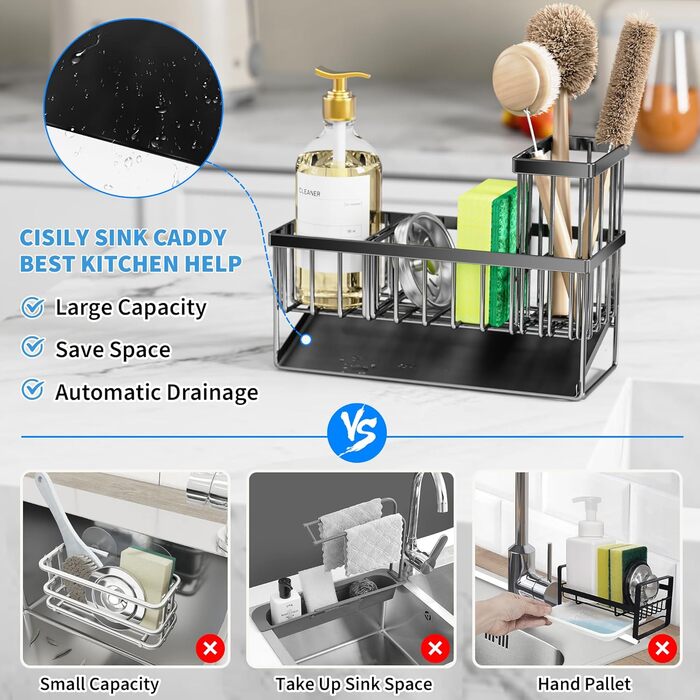 Cisily Kitchen Sink Caddy Organizer with Tall Brush Holder, Sponge Holder for Sink, 304 Stainless Steel, Kitchen Countertop, Soap Dispenser, Organizer, Kitchen Decoration and Accessories