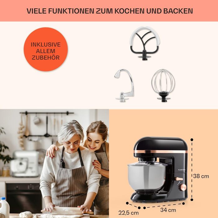 Klarstein 5L Stand Mixer - 2000W Kitchen Machine with Dough Hook & Whisk - 6 Speed Universal Mixer for Baking & Cooking (Black)