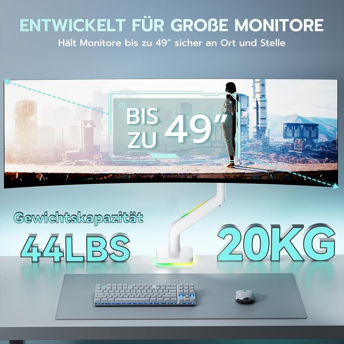 Кріплення для монітора ARES WING RGB - тримач для ігрового монітора, 17-49 дюймів, підходить для важких (20 кг) та вигнутих моніторів, регульована висота, для геймерів (білий)