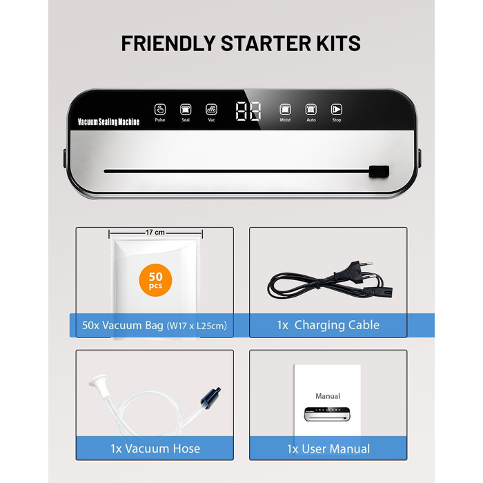 Вакуумний пакувальник FANNOU 5-в-1 для продуктів харчування, з зовнішнім вакуумуванням для банок та контейнерів, чорний