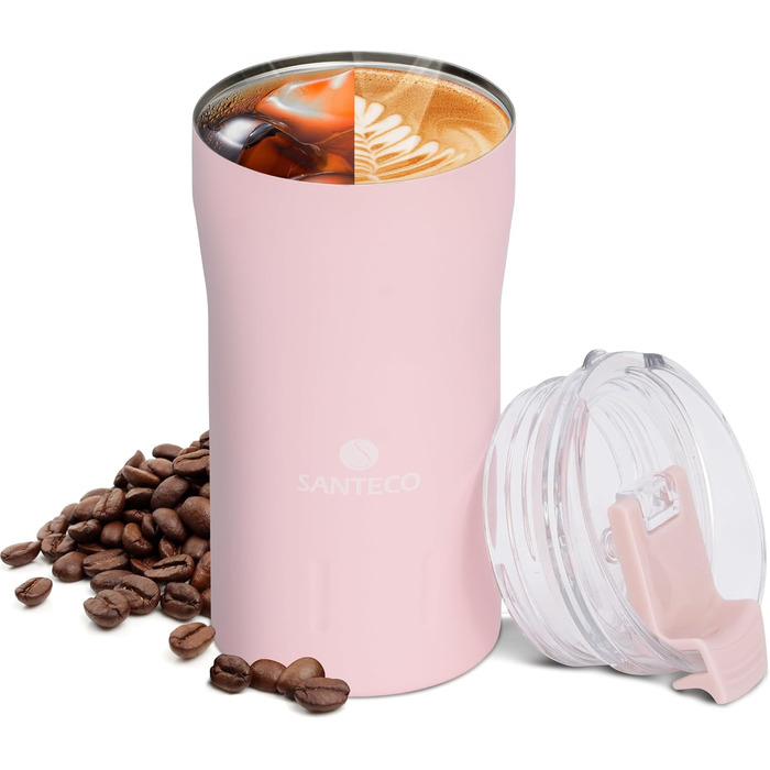 Термокружка SANTECO з нержавіючої сталі 18/8, 350 мл, з подвійними стінками, ізольована, 6 годин зберігає тепло, без BPA, виточна, з прозорою кришкою, темно-зелений/рожевий