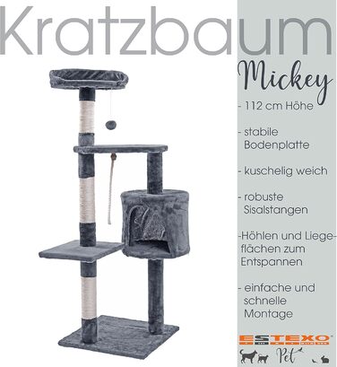 Кігтеточка для котів ESTEXO 112 см, XL, ігровий комплекс, кріпиться до стіни, сірого кольору