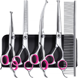 Професійна ножиця для грумінгу собак Gimars 5-в-1, рожева (4CR, титанове покриття, безпечна насадка)