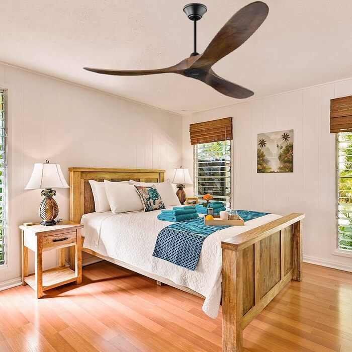 Вентилятор стельовий дерев'яний без освітлення з пультом керування, тихий, для вологого приміщення (152см, коричневий)