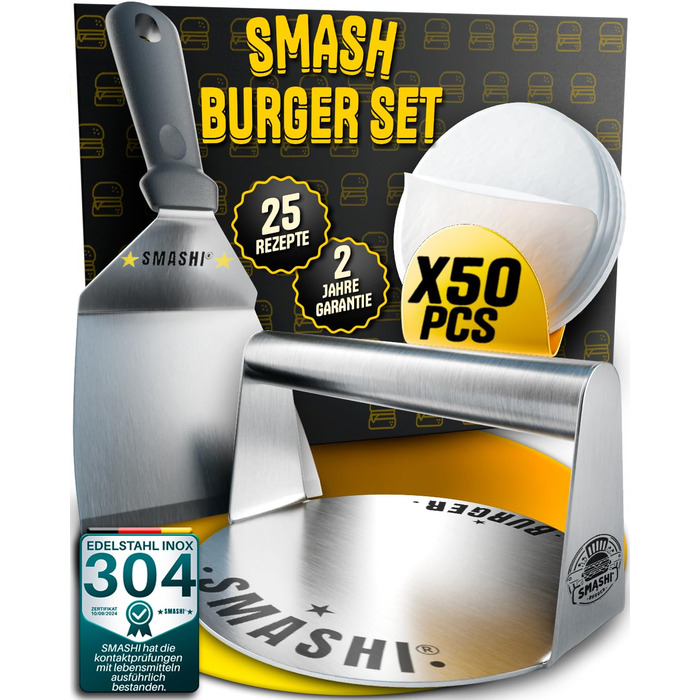 Набір для приготування Smash Burger від SMASHI® з нержавіючої сталі 304 – професійний набір з антипригарною пресом, лопаткою для гриля та дзвоном для бургерів – з рецептами (базовий)