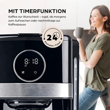 Кавомашина Barista Filterkaffeemaschine з регульованим м'яльним жорном та термокружка | Функція підігріву, таймер 24 години та постійний фільтр | Для 10 чашок кави | Кавомашина для зерен та меленої кави [Нержавіюча сталь] (10) Чорний колір - скляна колба 