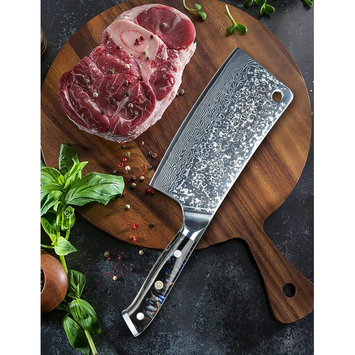 Ніж кухарський SANMUZUO Hackmesser 17 см, професійний, Дамаск, серія Xuan, VG10 сталь, ручка з епоксидної смоли (сапфірово-синій)