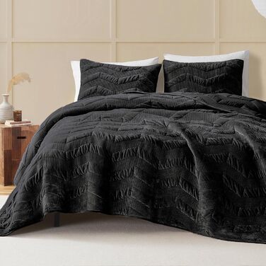 Комплект постільної білизни з велюрової стеганої ковдри SHALALA King Size (106'x94'), смугастий, всі сезони (світло-тауп, чорний)