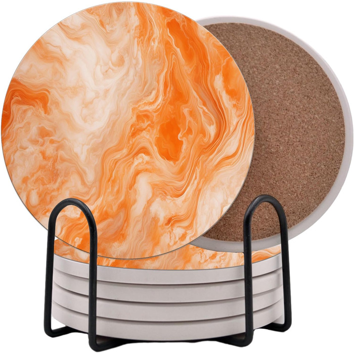 Aqua Blue Teal Marble Coasters Set of 6 - Absorbent Ceramic Coasters with Metal Stand for Drinks, Coffee, Non-Slip Cork Back for Table Protection, 10.2 cm Marble Pattern (Blue-Green) (Orange/Sunset Red Chevron Pattern)