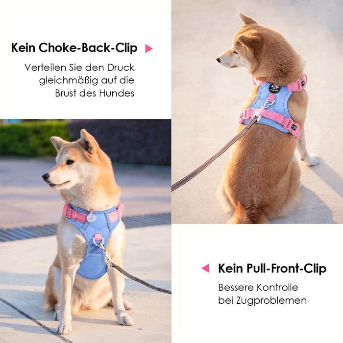 Шлейка для собак PHOEPET Anti-Zug з відбиваючими елементами, регульована, для цуценят та собак різних розмірів (M, небесно-блакитна основа & рожеві ремінці)