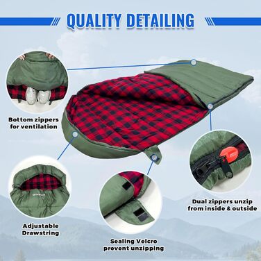 Спальний мішок Keencamp Flanell Warmer для кемпінгу: теплий, бавовняний, для 3-4 сезонів, до -1°C, XXL, 230x90 см (Olive-R-Zip)
