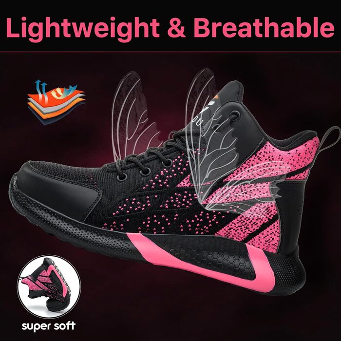 Черевики безпеки унісекс: легкі, дихаючі, з металевим підноском. Робочі черевики спортивного стилю, зелені (37-46 EU). Також доступні рожеві (37 EU)