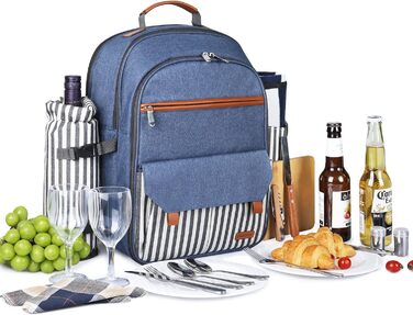 Sunflora Picnic Backpack Set for 4 People with Insulated Cooler and Blanket, Picnic Basket for 4 People for Camping and Outdoor Activities (Blue & Stripes, 2 Person)