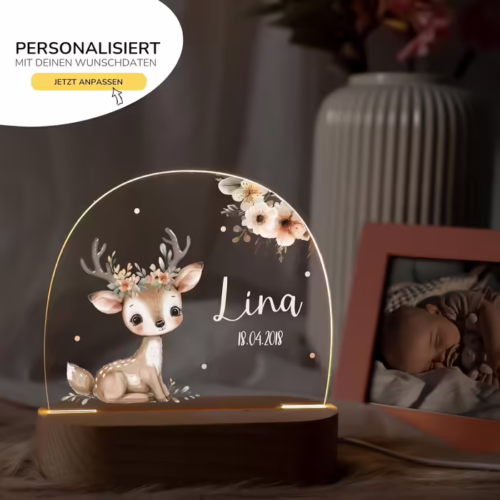 Night light for children with desired name, personalized night lamp dimmable - With a cute animal motif as personalized gifts for children for baptism, birth, Easter & baby gifts (Fawn)
