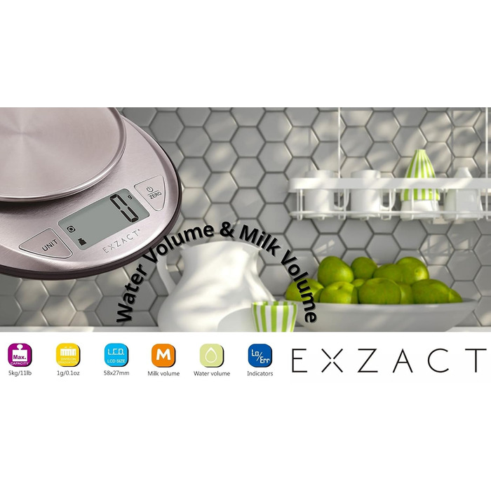 Електронна кухонна вага EXZACT з нержавіючої сталі з мискою для приготування їжі та випічки, функція тарування, максимальна вага 5 кг (EX4362)