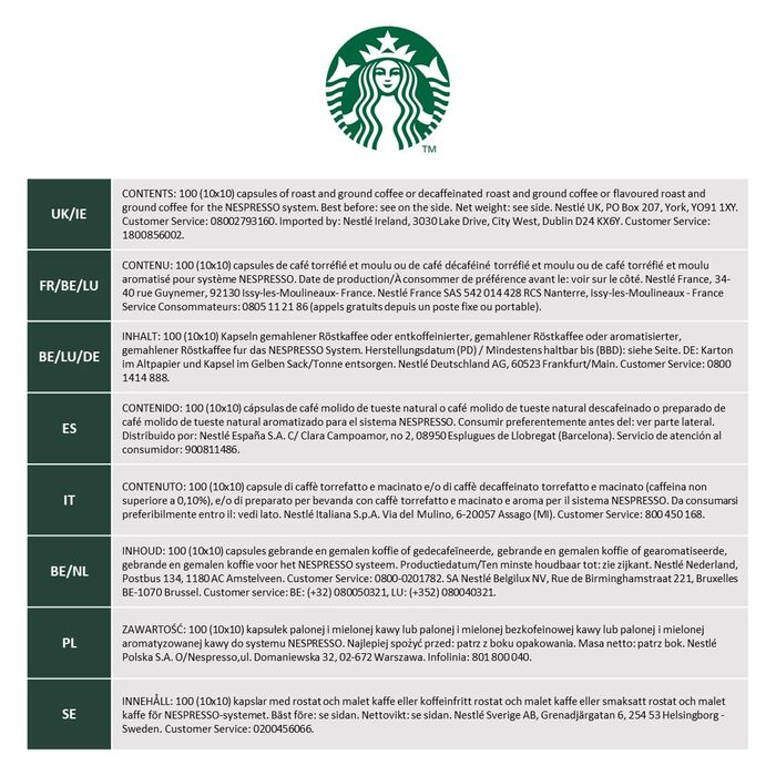 Капсули для кави Starbucks House Blend суміш для Nespresso, середнього обсмаження, капсули 10 x 10 (100 капсул) 10 г (10-ка)