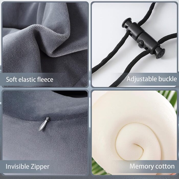 Подушка для шиї Memory Foam | Подушка для подорожей в літак з 95% захистом від світла, регульована підтримка шиї, для подорожей, офісу та сну на боці (темно-сіра)