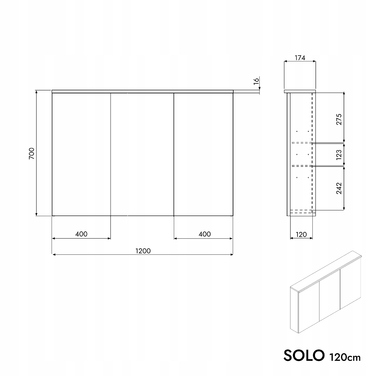 Шафа у ванну кімнату SOLO з LED-підсвіткою та дзеркалом, 120 см, колір 