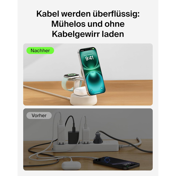 Беспроводное зарядное устройство Belkin UltraCharge Pro Qi2 3-в-1, 25W, MagSafe сумісне для iPhone, Apple Watch, AirPods, адаптер 45W, пісочний колір